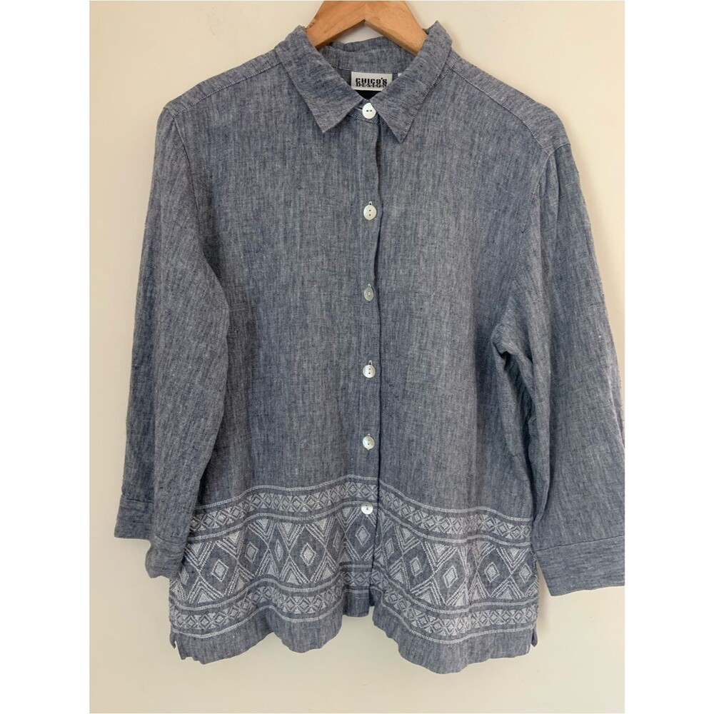 VTG Chicos Blue Button-Up Embroidered Hem 100% Linen Top Blouse Breathable L